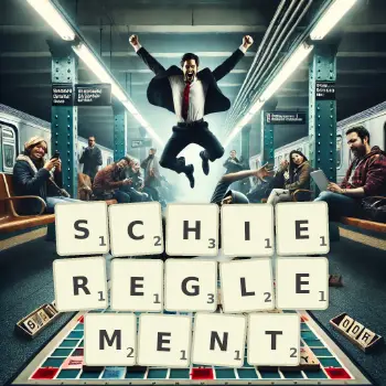 Kreative Illustration für ein Scrabble-Spiel, bei dem das Wort SCHIEREGLEMENT mit Steinen auf dem Brett gelegt wurde.