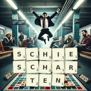 Kreative Illustration für ein Scrabble-Spiel, bei dem das Wort SCHIESCHARTEN mit Steinen auf dem Brett gelegt wurde.