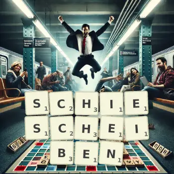 Kreative Illustration für ein Scrabble-Spiel, bei dem das Wort SCHIESCHEIBEN mit Steinen auf dem Brett gelegt wurde.