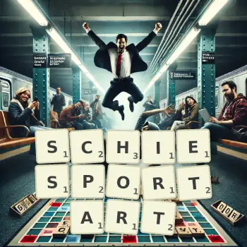 Kreative Illustration für ein Scrabble-Spiel, bei dem das Wort SCHIESPORTART mit Steinen auf dem Brett gelegt wurde.