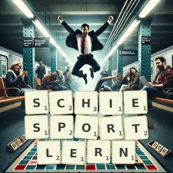 Kreative Illustration für ein Scrabble-Spiel, bei dem das Wort SCHIESPORTLERN mit Steinen auf dem Brett gelegt wurde.