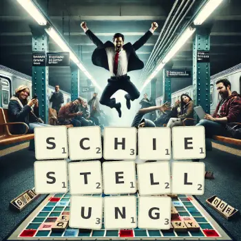 Kreative Illustration für ein Scrabble-Spiel, bei dem das Wort SCHIESTELLUNG mit Steinen auf dem Brett gelegt wurde.