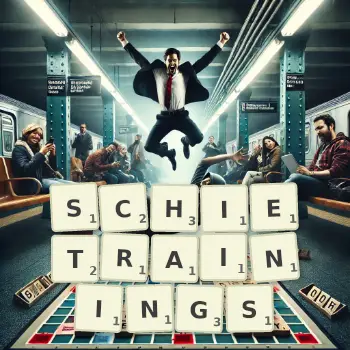Kreative Illustration für ein Scrabble-Spiel, bei dem das Wort SCHIETRAININGS mit Steinen auf dem Brett gelegt wurde.