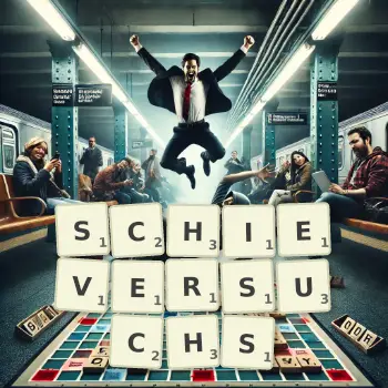Kreative Illustration für ein Scrabble-Spiel, bei dem das Wort SCHIEVERSUCHS mit Steinen auf dem Brett gelegt wurde.