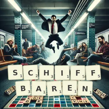 Kreative Illustration für ein Scrabble-Spiel, bei dem das Wort SCHIFFBAREN mit Steinen auf dem Brett gelegt wurde.