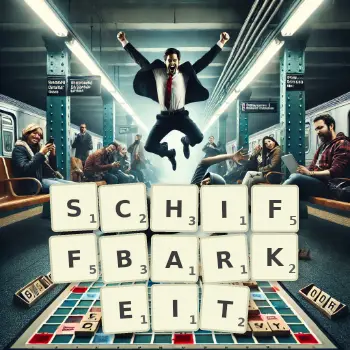 Kreative Illustration für ein Scrabble-Spiel, bei dem das Wort SCHIFFBARKEIT mit Steinen auf dem Brett gelegt wurde.