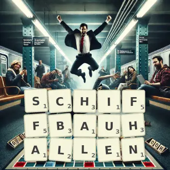 Kreative Illustration für ein Scrabble-Spiel, bei dem das Wort SCHIFFBAUHALLEN mit Steinen auf dem Brett gelegt wurde.