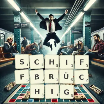Kreative Illustration für ein Scrabble-Spiel, bei dem das Wort SCHIFFBRÜCHIG mit Steinen auf dem Brett gelegt wurde.
