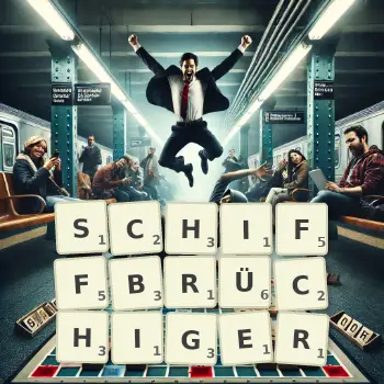 Kreative Illustration für ein Scrabble-Spiel, bei dem das Wort SCHIFFBRÜCHIGER mit Steinen auf dem Brett gelegt wurde.