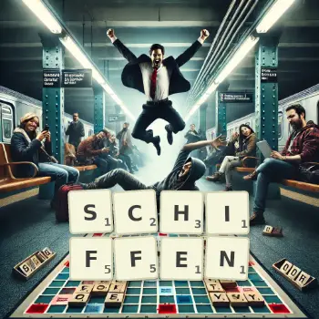 Kreative Illustration für ein Scrabble-Spiel, bei dem das Wort SCHIFFEN mit Steinen auf dem Brett gelegt wurde.