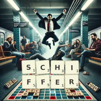 Kreative Illustration für ein Scrabble-Spiel, bei dem das Wort SCHIFFER mit Steinen auf dem Brett gelegt wurde.