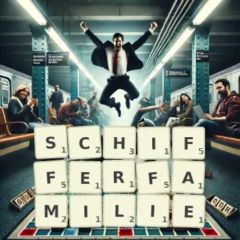 Kreative Illustration für ein Scrabble-Spiel, bei dem das Wort SCHIFFERFAMILIE mit Steinen auf dem Brett gelegt wurde.