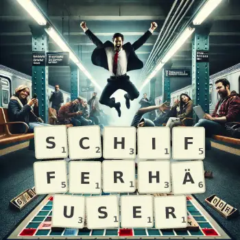 Kreative Illustration für ein Scrabble-Spiel, bei dem das Wort SCHIFFERHÄUSER mit Steinen auf dem Brett gelegt wurde.