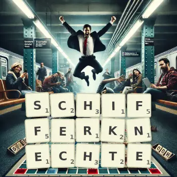 Kreative Illustration für ein Scrabble-Spiel, bei dem das Wort SCHIFFERKNECHTE mit Steinen auf dem Brett gelegt wurde.