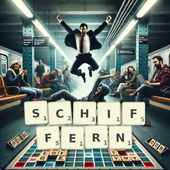 Kreative Illustration für ein Scrabble-Spiel, bei dem das Wort SCHIFFERN mit Steinen auf dem Brett gelegt wurde.