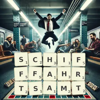 Kreative Illustration für ein Scrabble-Spiel, bei dem das Wort SCHIFFFAHRTSAMT mit Steinen auf dem Brett gelegt wurde.