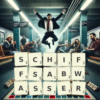Kreative Illustration für ein Scrabble-Spiel, bei dem das Wort SCHIFFSABWASSER mit Steinen auf dem Brett gelegt wurde.