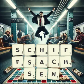 Kreative Illustration für ein Scrabble-Spiel, bei dem das Wort SCHIFFSACHSEN mit Steinen auf dem Brett gelegt wurde.
