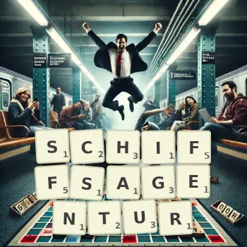 Kreative Illustration für ein Scrabble-Spiel, bei dem das Wort SCHIFFSAGENTUR mit Steinen auf dem Brett gelegt wurde.