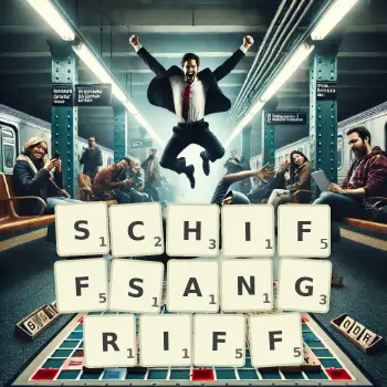 Kreative Illustration für ein Scrabble-Spiel, bei dem das Wort SCHIFFSANGRIFF mit Steinen auf dem Brett gelegt wurde.