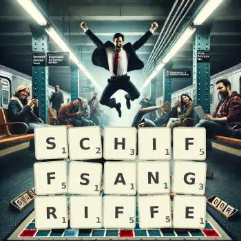 Kreative Illustration für ein Scrabble-Spiel, bei dem das Wort SCHIFFSANGRIFFE mit Steinen auf dem Brett gelegt wurde.