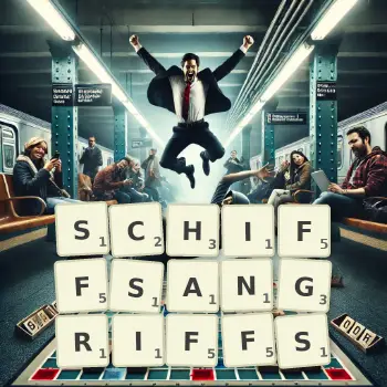 Kreative Illustration für ein Scrabble-Spiel, bei dem das Wort SCHIFFSANGRIFFS mit Steinen auf dem Brett gelegt wurde.