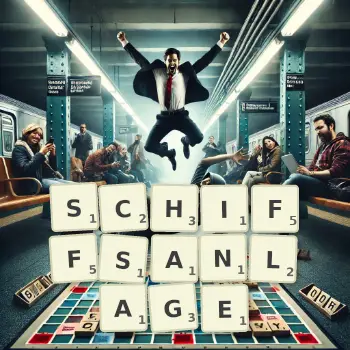 Kreative Illustration für ein Scrabble-Spiel, bei dem das Wort SCHIFFSANLAGE mit Steinen auf dem Brett gelegt wurde.
