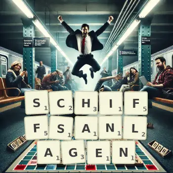 Kreative Illustration für ein Scrabble-Spiel, bei dem das Wort SCHIFFSANLAGEN mit Steinen auf dem Brett gelegt wurde.