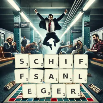 Kreative Illustration für ein Scrabble-Spiel, bei dem das Wort SCHIFFSANLEGER mit Steinen auf dem Brett gelegt wurde.