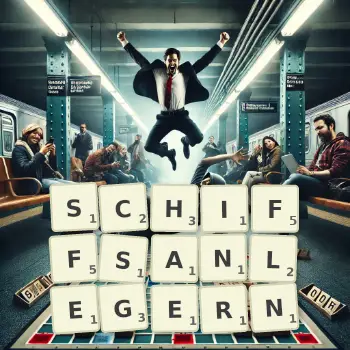 Kreative Illustration für ein Scrabble-Spiel, bei dem das Wort SCHIFFSANLEGERN mit Steinen auf dem Brett gelegt wurde.