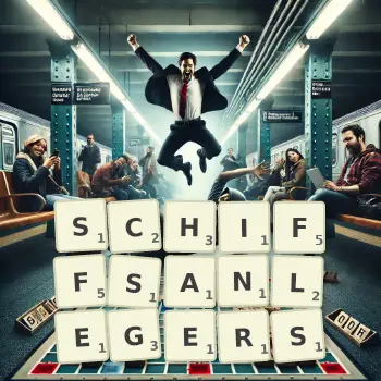 Kreative Illustration für ein Scrabble-Spiel, bei dem das Wort SCHIFFSANLEGERS mit Steinen auf dem Brett gelegt wurde.