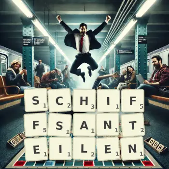 Kreative Illustration für ein Scrabble-Spiel, bei dem das Wort SCHIFFSANTEILEN mit Steinen auf dem Brett gelegt wurde.
