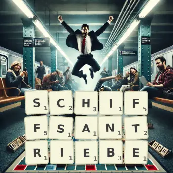 Kreative Illustration für ein Scrabble-Spiel, bei dem das Wort SCHIFFSANTRIEBE mit Steinen auf dem Brett gelegt wurde.
