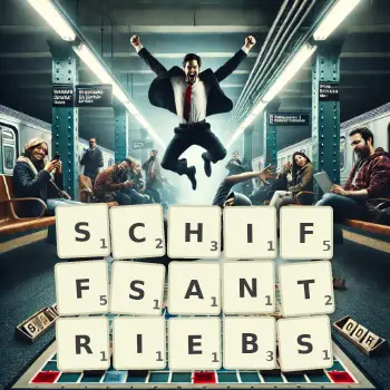 Kreative Illustration für ein Scrabble-Spiel, bei dem das Wort SCHIFFSANTRIEBS mit Steinen auf dem Brett gelegt wurde.