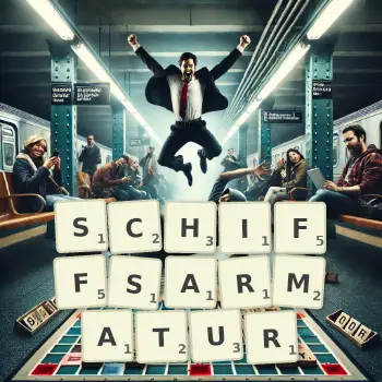 Kreative Illustration für ein Scrabble-Spiel, bei dem das Wort SCHIFFSARMATUR mit Steinen auf dem Brett gelegt wurde.