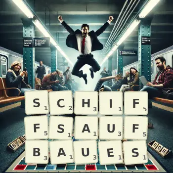 Kreative Illustration für ein Scrabble-Spiel, bei dem das Wort SCHIFFSAUFBAUES mit Steinen auf dem Brett gelegt wurde.