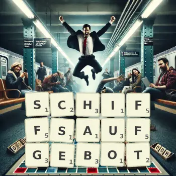 Kreative Illustration für ein Scrabble-Spiel, bei dem das Wort SCHIFFSAUFGEBOT mit Steinen auf dem Brett gelegt wurde.