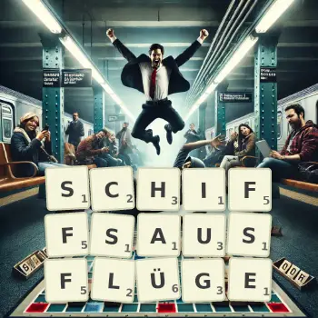 Kreative Illustration für ein Scrabble-Spiel, bei dem das Wort SCHIFFSAUSFLÜGE mit Steinen auf dem Brett gelegt wurde.