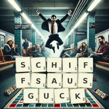 Kreative Illustration für ein Scrabble-Spiel, bei dem das Wort SCHIFFSAUSGUCK mit Steinen auf dem Brett gelegt wurde.