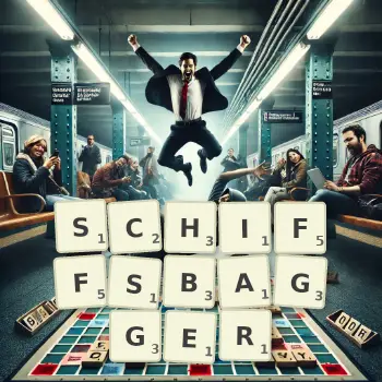 Kreative Illustration für ein Scrabble-Spiel, bei dem das Wort SCHIFFSBAGGER mit Steinen auf dem Brett gelegt wurde.