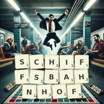 Kreative Illustration für ein Scrabble-Spiel, bei dem das Wort SCHIFFSBAHNHOF mit Steinen auf dem Brett gelegt wurde.