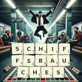 Kreative Illustration für ein Scrabble-Spiel, bei dem das Wort SCHIFFSBAUCHES mit Steinen auf dem Brett gelegt wurde.