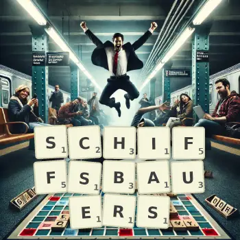 Kreative Illustration für ein Scrabble-Spiel, bei dem das Wort SCHIFFSBAUERS mit Steinen auf dem Brett gelegt wurde.