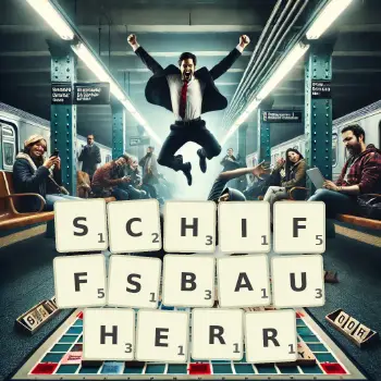 Kreative Illustration für ein Scrabble-Spiel, bei dem das Wort SCHIFFSBAUHERR mit Steinen auf dem Brett gelegt wurde.
