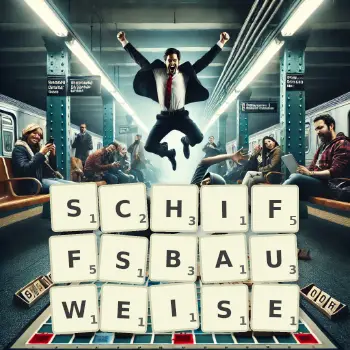 Kreative Illustration für ein Scrabble-Spiel, bei dem das Wort SCHIFFSBAUWEISE mit Steinen auf dem Brett gelegt wurde.