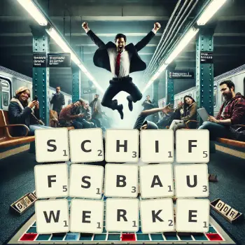 Kreative Illustration für ein Scrabble-Spiel, bei dem das Wort SCHIFFSBAUWERKE mit Steinen auf dem Brett gelegt wurde.