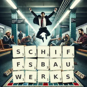 Kreative Illustration für ein Scrabble-Spiel, bei dem das Wort SCHIFFSBAUWERKS mit Steinen auf dem Brett gelegt wurde.