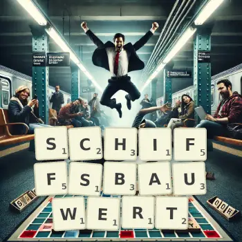Kreative Illustration für ein Scrabble-Spiel, bei dem das Wort SCHIFFSBAUWERT mit Steinen auf dem Brett gelegt wurde.