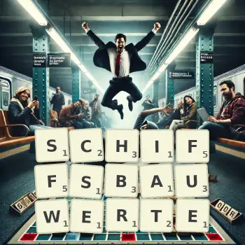 Kreative Illustration für ein Scrabble-Spiel, bei dem das Wort SCHIFFSBAUWERTE mit Steinen auf dem Brett gelegt wurde.