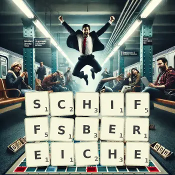 Kreative Illustration für ein Scrabble-Spiel, bei dem das Wort SCHIFFSBEREICHE mit Steinen auf dem Brett gelegt wurde.